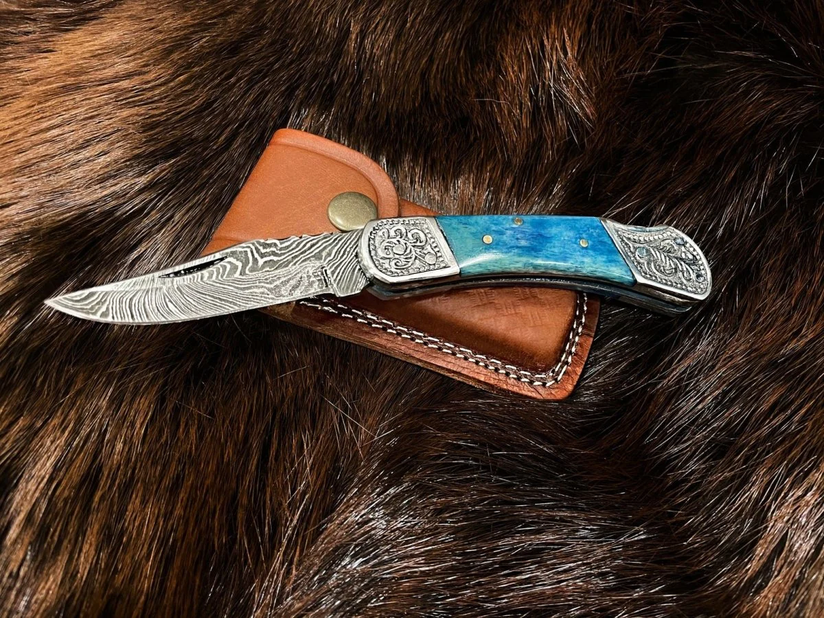 Dyed Blue Bone Damascus Pocket Knife - Image 3