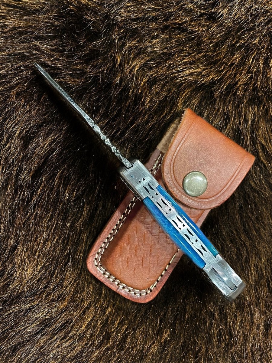 Dyed Blue Bone Damascus Pocket Knife - Image 4